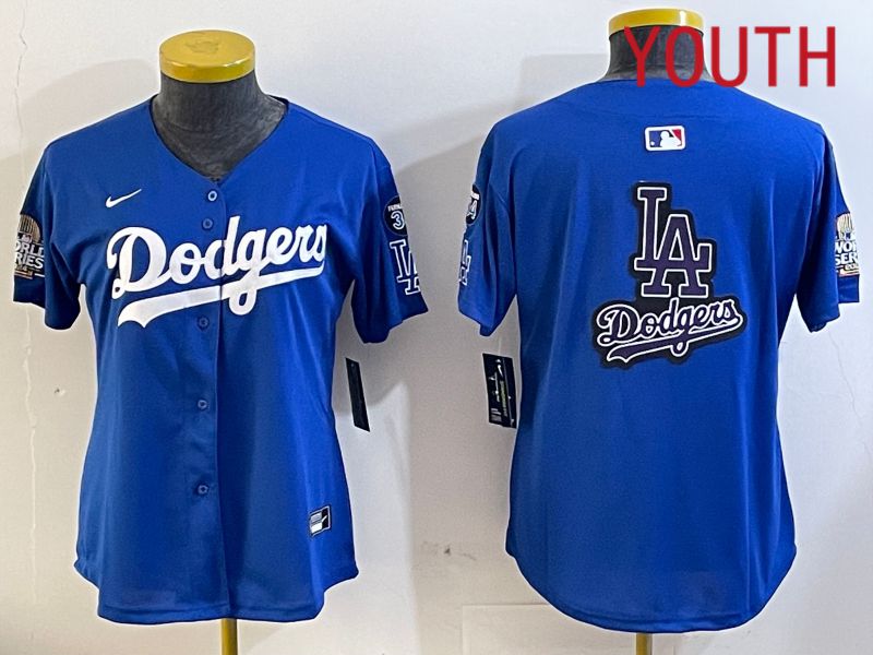 Youth  Los Angeles Dodgers blank 2024 World series patch blue jersey 202411278